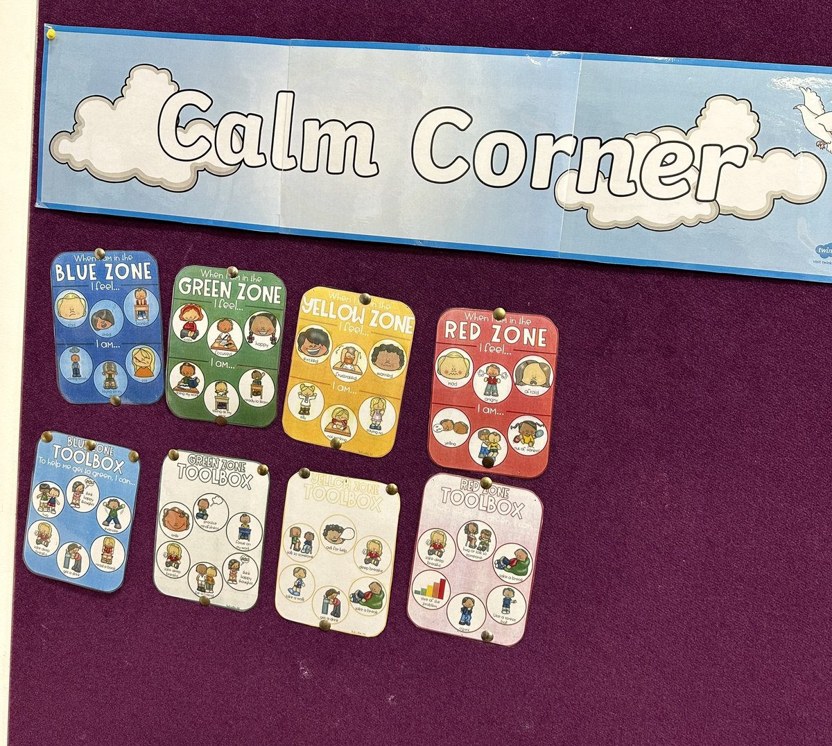 I loved seeing this in the calm corner of a year 2 classroom. It provides students with tools to regulate their emotions to the correct zone they need to be at #acuedu_p
