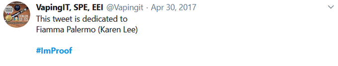 Vapingit's tweet image. Some of you may remember the #ImProof hashtag...
I'm proof, #TakeDownTobacco.

So  was @AgentAnia.
So was @RayYeates2.

SO was Karen.

It's #Vapril.