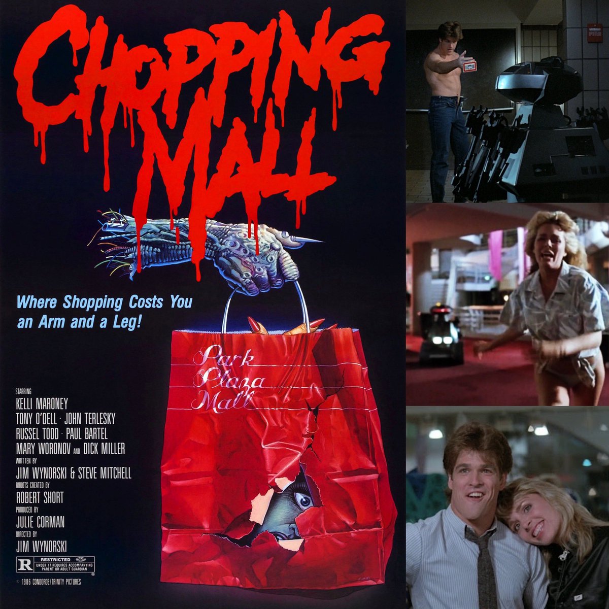 TheRealAJ_'s tweet photo. On March 21, 1986, 'Chopping Mall' aka 'Killbots' was released in theaters. The sci-fi horror film co-written & directed by Jim Wynorski, starred @Kellimaroney @barbaracrampton #SuzeeSlater #TonyODell #JohnTerlesky #RussellTodd and #DickMiller. Great movie! ๐งจ๐ฅ #ChoppingMall https://t.co/dLlonfs8zD