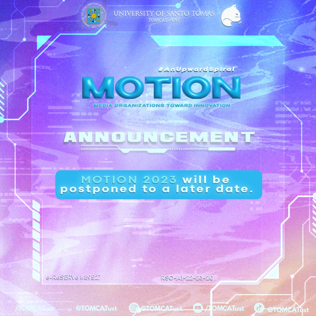 TOMCATust's tweet photo. Attention, media enthusiasts! 

Our steer to #AnUpwardSpiral will be rescheduled. Keep your interest at its peak and stay tuned for the updates from TOMCAT - UST's social media accounts. 

See you there! https://t.co/iuPIh0spzz
