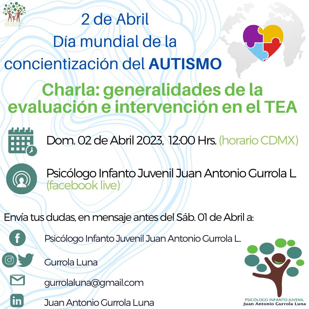 BienestarCapsi's tweet photo. 2️⃣ ABRIL DÍA MUNDIAL DE LA CONCIENTIZACIÓN DEL #AUTISMO 💙🧩🧠 🌎 

 Generalidades de la evaluacion e intervención en él #TrastornoDelEspectroAutista

🗓️ Dom 02 Abril

🕛 12:00 PM (hora CDMX)

🎥  facebook live Psic. Infanto-Juvenil Juan Antonio Gurrola L.

#TEA
#BienestarCAPsI https://t.co/Qbfqdu7RUG