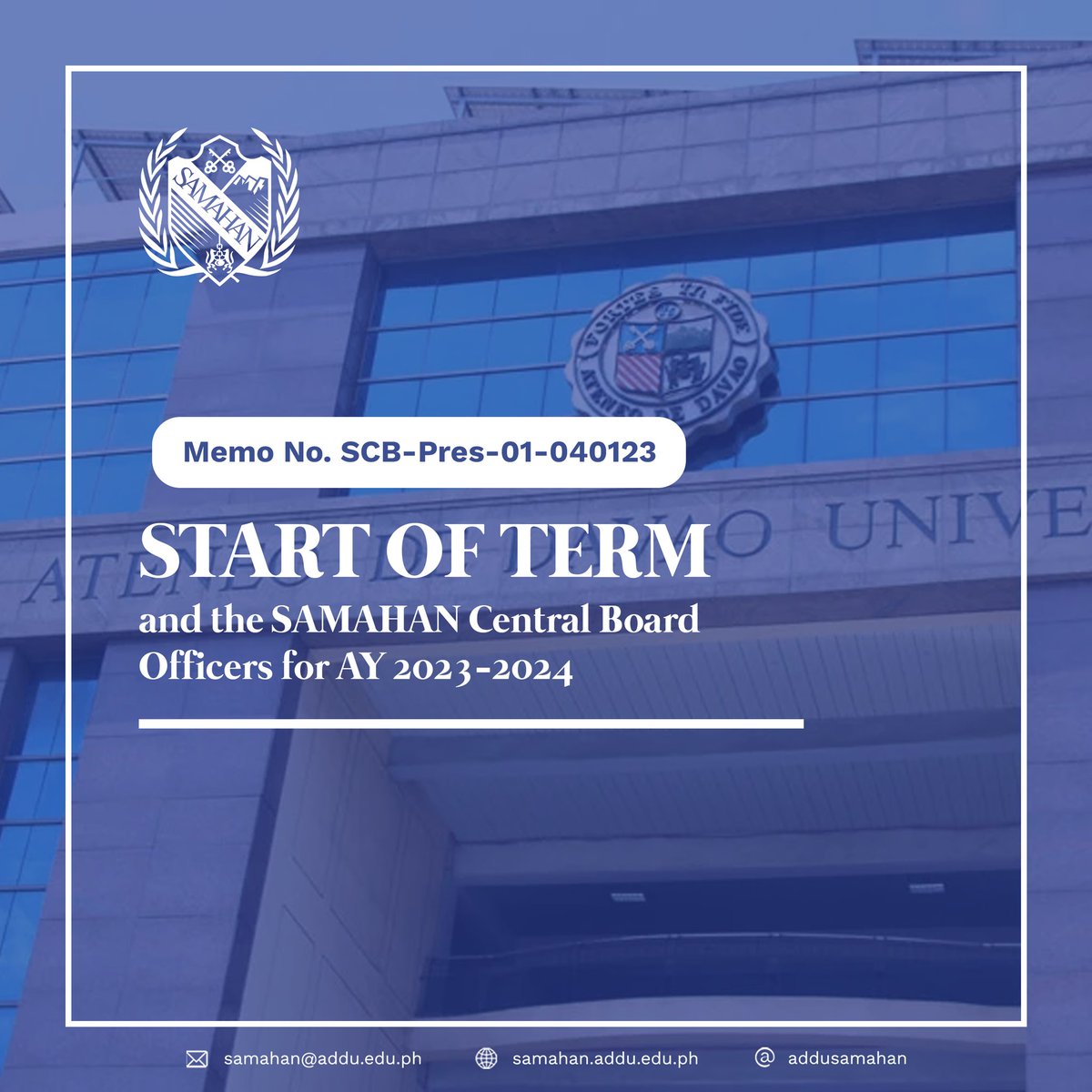 addusamahan's tweet photo. MEMO | Memo No. SCB-Pres-01-040123 re: Start of Term and SAMAHAN Central Board Officers for AY 2023-2024

The new term officially begins today, 01 April 2023. For everyone’s information and for widest dissemination. https://t.co/3XcHYNhsmb