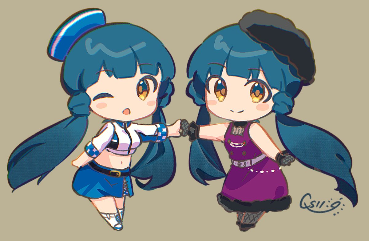 hat twintails one eye closed skirt chibi low twintails 2girls  illustration images