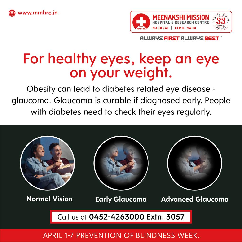 Healthy weight = Healthy eyes!
For health queries, contact us at:  0452- 4263000; Extn: 3057
April 1-7: Prevention of Blindness week!

#mmhrc #meenakshimissionhospital #madurai #tamilnadu #eyehealth #eyehealthtips #preventionofblindnessweek #preventionofblindness #eyepressure