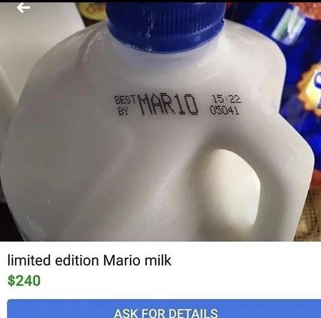 How much would you pay for this gallon of milk? 📷

#neverhaveiever #neverhaveievergame #game #gamenight #partygame #familygame #truthordare #nojudgment #mario #milk #funny #meme