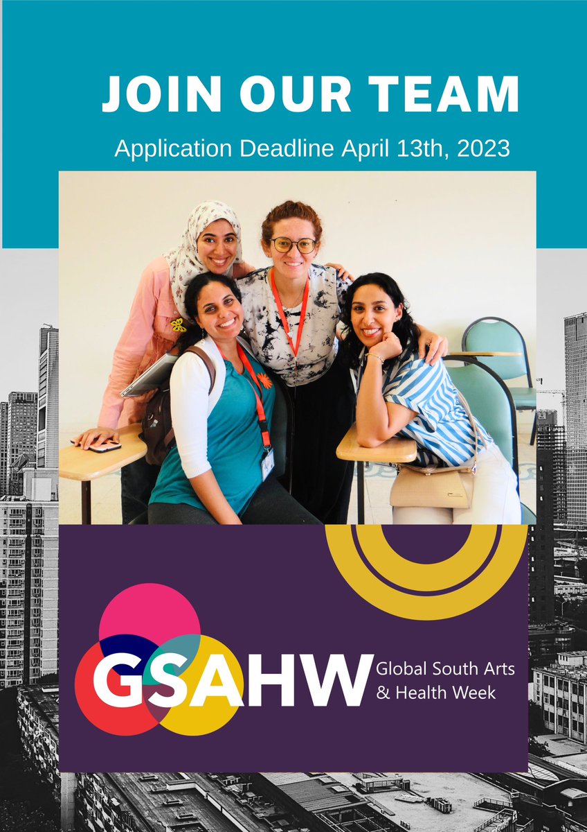 GSAHW 2023
CALL FOR TEAM MEMBERS
interested in joining 
Global Team?
Kindly apply through the link below 

bit.ly/GSAHW-Call4Tea…

Application Deadline : April 13,2023

#GSAHW2023 #GlobalSouthArtsandHealthWeek #ArtsinMedicine #ArtsinHealth