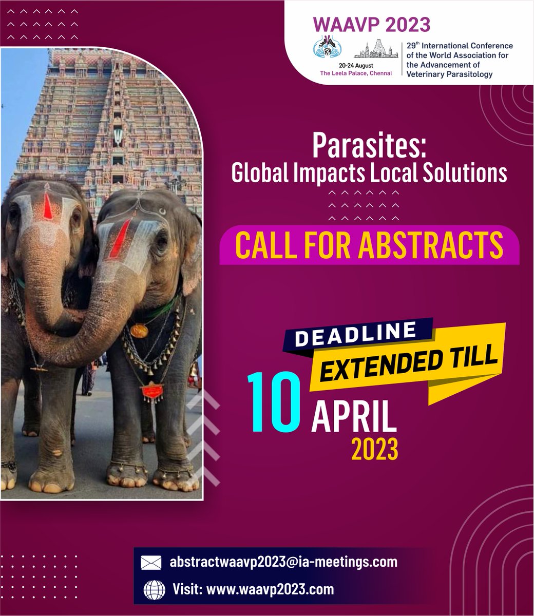 Attention veterinarians and parasitologists, you asked for more time, and we answered! Abstract submission for WAAVP 2023 has been extended till 10th April 2023. Don’t wait, submit your abstract now: waavp2023.com #WAAVP2023 #Parasites #VeterinaryParasitology