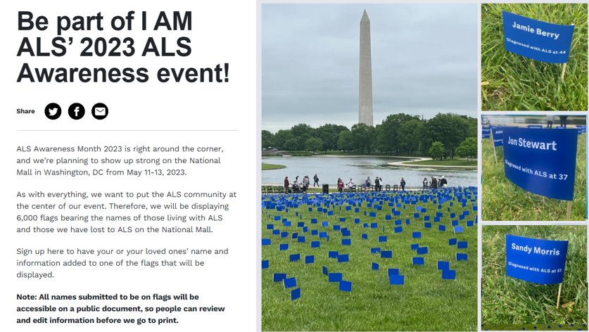 Honoring people with #ALS
May 11 - 13 Flags on the National Mall in DC
for #ALSAwarenessMonth

Thank you <a href="/iamalsorg/">I AM ALS</a> for this powerful event!

<a href="/POTUS/">President Donald J. Trump</a> @RepAnnaEshoo <a href="/RepSchakowsky/">Jan Schakowsky</a> <a href="/ChrisCoons/">Senator Chris Coons</a> <a href="/SenJohnThune/">John Thune</a> <a href="/SenSanders/">Sen. Bernie Sanders</a> <a href="/SenatorWicker/">Senator Roger Wicker</a> <a href="/RepBradWenstrup/">Rep. Brad Wenstrup</a> <a href="/DorisMatsui/">Rep. Doris Matsui</a>  <a href="/RepAndyHarrisMD/">Rep. Andy Harris, MD</a>