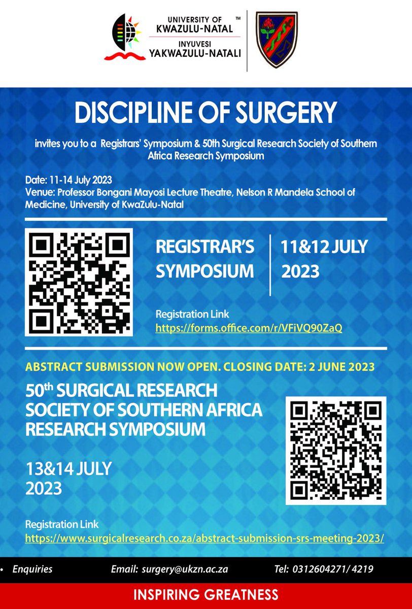 Registrations and abstract submissions are open for the 50th Surgical Research Society of Southern Africa Symposium registration link: surgicalresearch.co.za/abstract-submi…