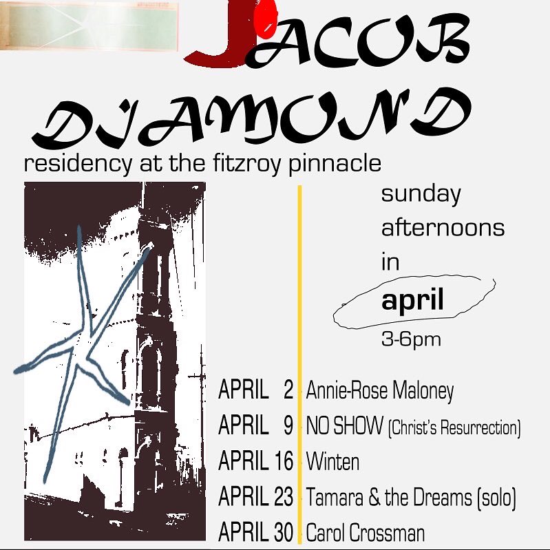 I’m playing at <a href="/FitzroyPinnacle/">Fitzroy Pinnacle</a> on Sundays in April with special guests new songs and gumption - also ITS FREE 💐💐💐