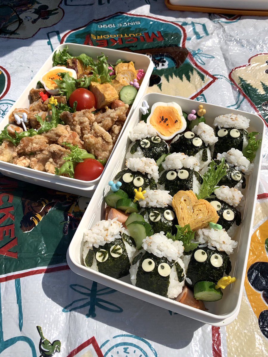 そして、今年の花見のお弁当🍱 ショーンのおにぎり作ったーっ ฅ(ˊ✨ω✨ˋ)ฅﾔｯﾎｲ! 開けてみて、なんか忘れとるな(˙˙*)?茶色いな…( ｡ω｡)？ 桜の飾り切り🌸をした大根のゆかり漬け乗せてないやんけーっ( >﹏< *) (｀Д´)……