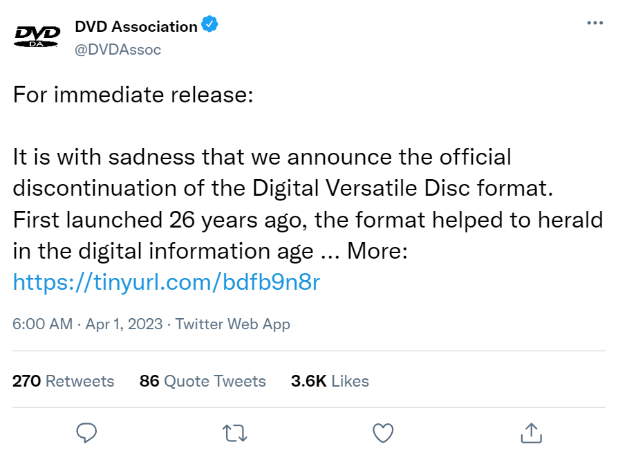 ddigest's tweet photo. The end of an era. A sad day for physical media enthusiasts. RIP DVD.
#dvd #deadformat #physicalmedia #ripdvd https://t.co/xJec3l6WWR