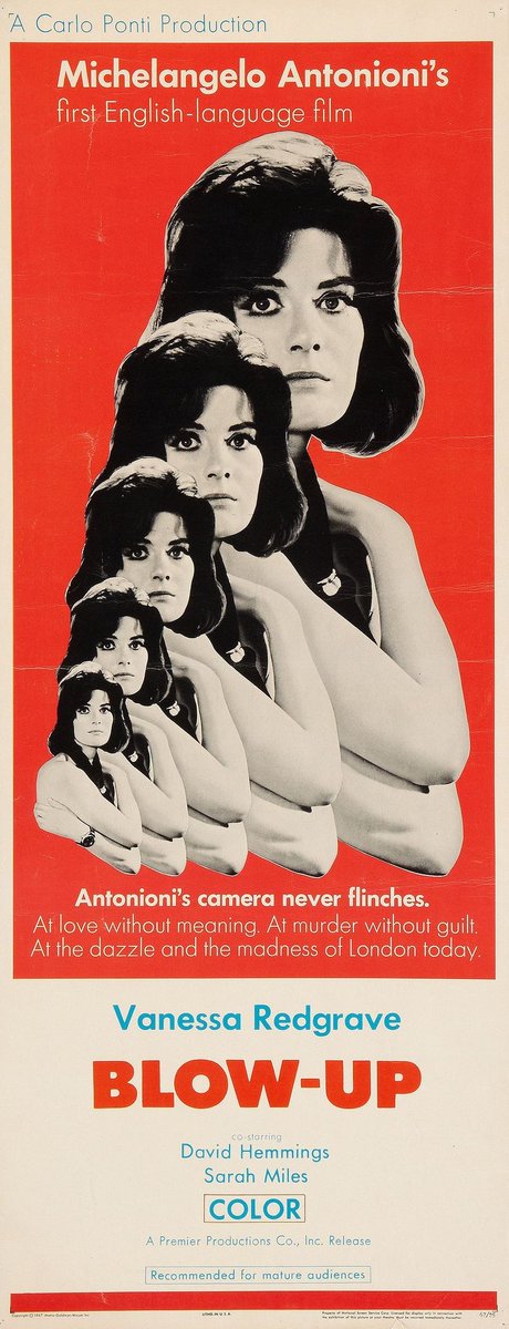 USA film poster for #MichelangeloAntonioni's #BlowUp (1966) #DavidHemmings #VanessaRedgrave #SarahMiles