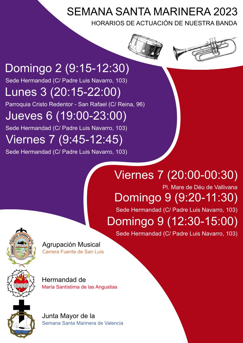 Después de nuestro fantástico concierto ayer, estamos en la recta final para el inicio de la #SemanaSantaMarinera2023 

Un año más, nuestra banda tendrá el placer de acompañar a <a href="/AngustiasVLC/">Virgen Angustias</a> , con un escogido repertorio 🎵 os dejamos los horarios de nuestros actos