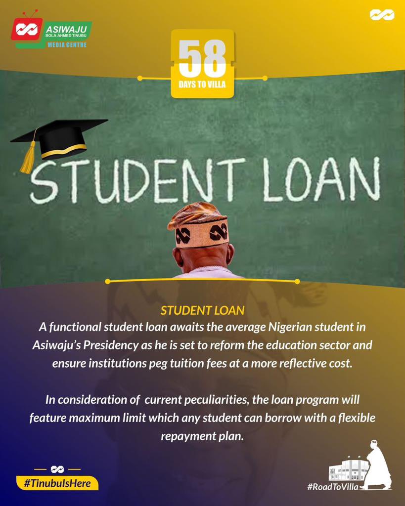 kokomatic's tweet photo. A functional student loan awaits the average Nigerian student in Asiwaju’s Presidency as he is set to reform the education sector and ensure institutions peg tuition fees at a more reflective cost.
In consideration of current peculiarities, the loan program will feature maximum limit which any student can borrow with a flexible repayment plan.
#TinubuOurPresident
#RoadToVilla