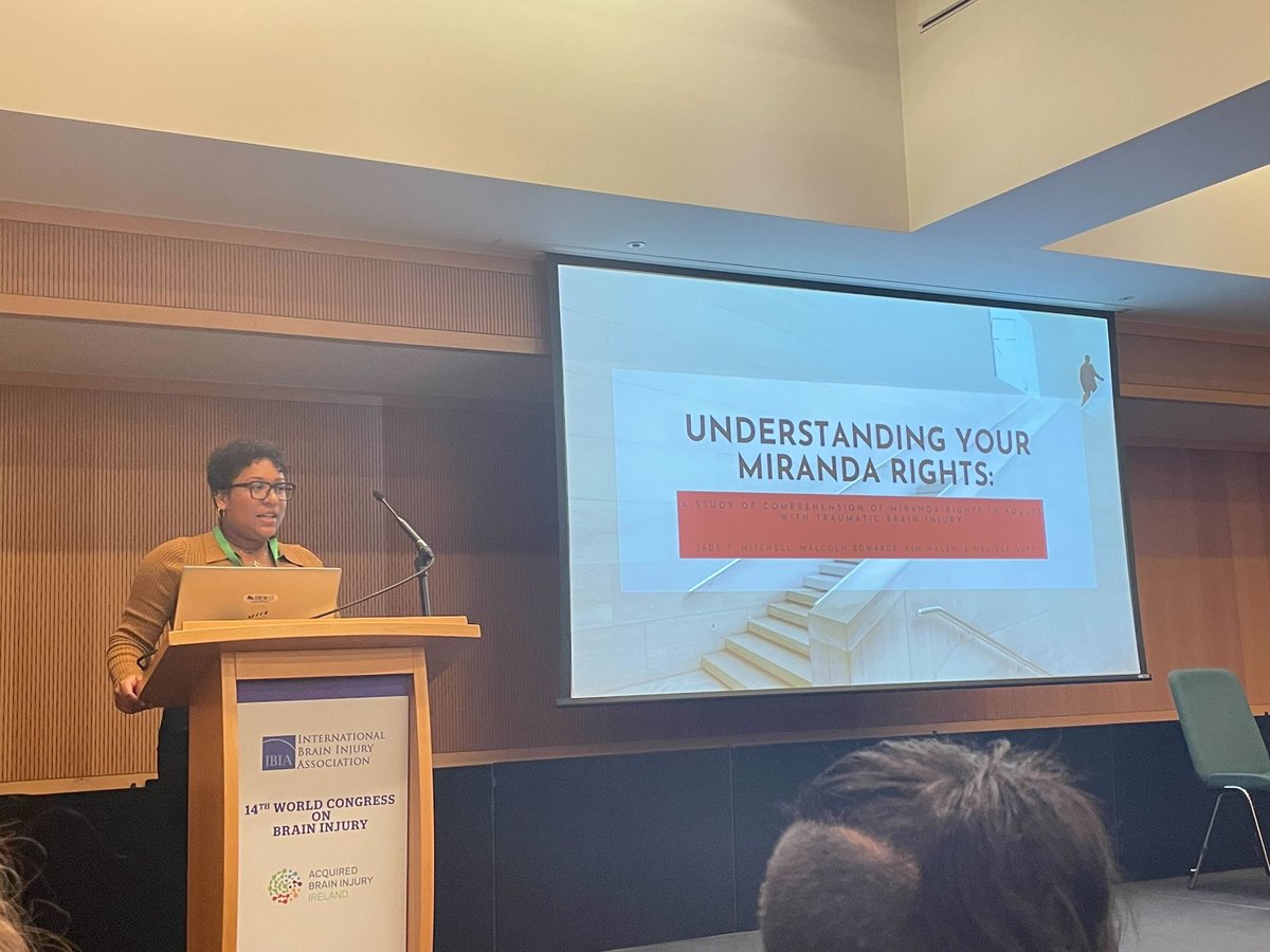 duffalab's tweet photo. Jade Mitchell @JadeTMitchell1 gave a stunning talk on comprehension of complex language in legal contexts (Miranda warnings) in TBI and presented her work on the clinical management of post-TBI memory disorders by SLPs in Dublin at the IBIA meeting. #IBIA23 @VUMCHearSpeech https://t.co/jfOq4Ci1yw