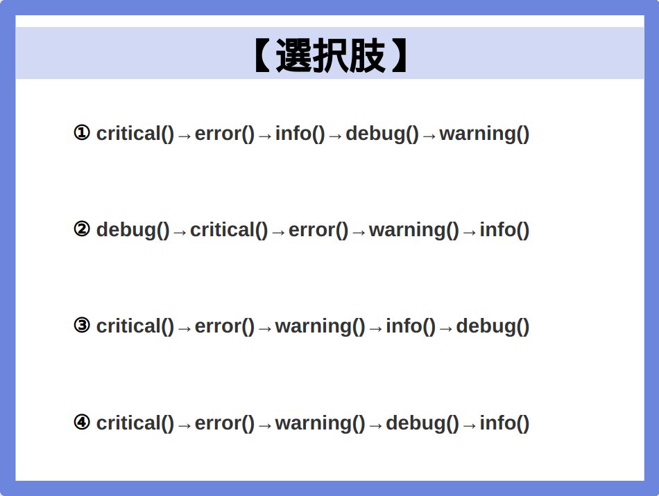 IT_python_data's tweet image. 【Python3 データ分析 模擬問題】
loggingモジュールには、5種類のログレベル(重要度)でログを出力するためのメソッドが用意されています。重要度の高い順にメソッドを並び替えたものとして、正しいものを選べ。
#Python #dive_into_code #Pythonデータ分析 #駆け出しエンジニアと繋がりたい