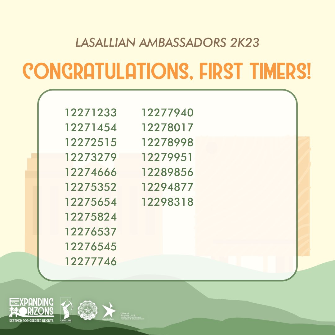 We are glad to present the newest additions to the Lasallian Ambassadors family. They have expanded their horizons and are truly destined for greater heights!

Congratulations to our First Timers 2K23! ☀️

#ExpandingHorizons 
#BolderLAmb2K23 
#ALAmb2K23