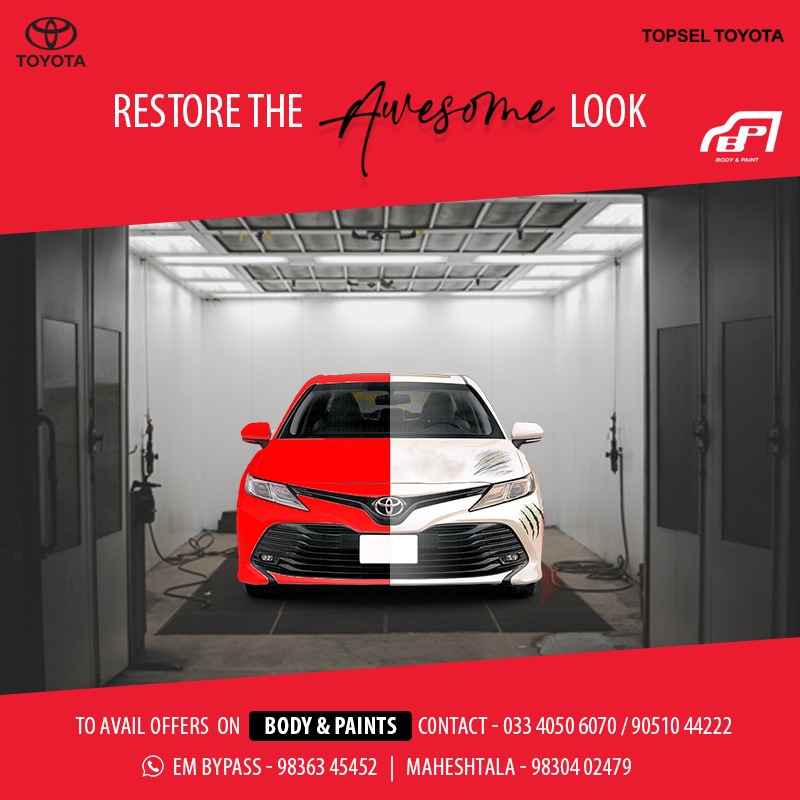 TopselToyota's tweet photo. Restore the Awesome look of your Toyota Vehicle with Topsel Toyota Body & Paints.
Avail exciting offer on Body & Paints. Call: 033 40506070 / +91 90510 44222
#BodyandPaint #RestoreCar #Fixcars #PaintCar #CarBodyRepair #CarBodyWork #Toyota #ToyotaIndia #TopselToyota #IPL2023 https://t.co/dy8qHGX1U5