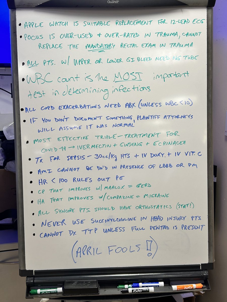 Amal Mattu (@amalmattu) on Twitter photo Friday overnight shift…April Fools pearls! <a href="/UMEmergencyMed/">U of Maryland Emergency Med</a> <a href="/UMEMresidency/">UMEM Residency</a> #WhiteBoardTeaching #foamed Friday overnight shift…April Fools pearls! <a href="/UMEmergencyMed/">U of Maryland Emergency Med</a> <a href="/UMEMresidency/">UMEM Residency</a> #WhiteBoardTeaching #foamed