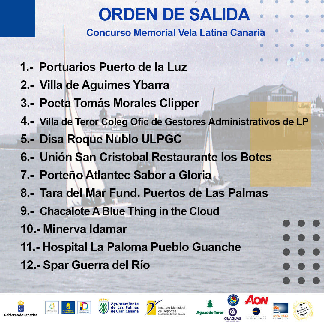 🌅▪ ¡Buenos días!
Hoy es día de #VelaLatinaCanaria⛵ 

A partir de las 17:00 navegamos por la bahía de <a href="/LpaVisit/">Turismo de Las Palmas de Gran Canaria</a> con el Concurso Memorial Vela Latina
 
📋Cartel y orden de salida
💧 <a href="/AguasdeTeror/">Aguas de Teror</a>
🐠 <a href="/PoemaDelMar/">Poema del Mar</a>
🚍 <a href="/GuaguasLPA/">Guaguas Municipales 🇮🇨</a>
📝 <a href="/Aon_Espana/">Aon España</a>
🏃 <a href="/imd_lpgc/">IMD LPGC</a> 
🍽️ Restaurante Esencia