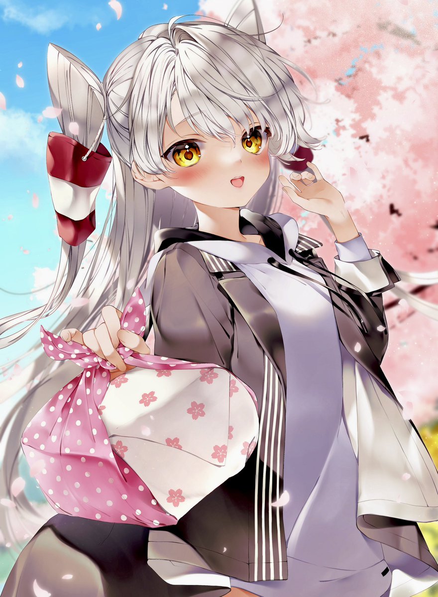 amatsukaze (kancolle) 1girl solo long hair hair tubes two side up cherry blossoms bento  illustration images