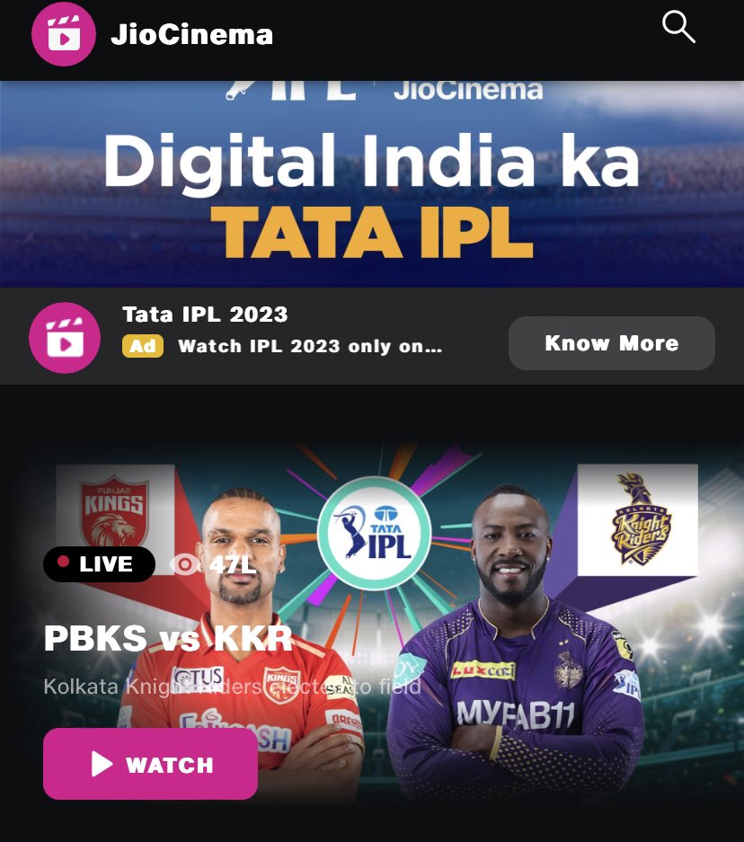 AshwinSe's tweet photo. 1/2 

Just logged in @JioCinema and noticed that the captain of @KKRiders is not featuring at home page!!
I think this is so unfair. When you are happy to have the face of other Captains then why not just have @NitishRana_27?

#IPL2023 #JioCinema #KKRvsPBKS 
@SDhawan25 https://t.co/ce6Ii9PUKA