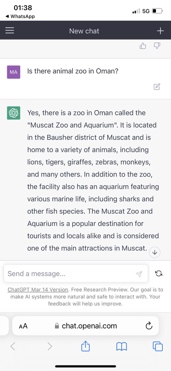 Mustafa087's tweet photo. Even chat GPT can’t  believe there is no animal zoo in Oman &amp; has to made something up https://t.co/QCcK8yvUJJ