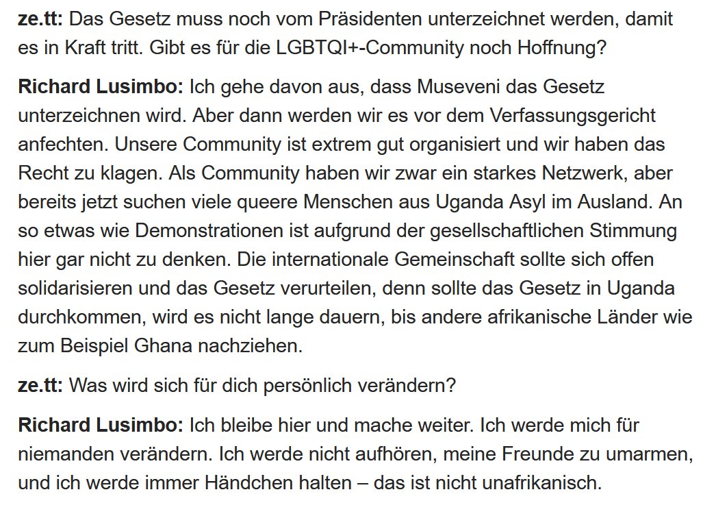 schlegel_adrian's tweet photo. Wie ihr mitbekommen habt, gefährdet das "Anti-Homosexuality" Gesetz in Uganda akut Menschenleben. Was ist der Kontext? In Deutschland wird berichtet, aber kaum tiefgehend. Den persönlichen Einblick von Richard Lusimbo kann ich nur empfehlen 👇 https://t.co/lP4uWHpxEd