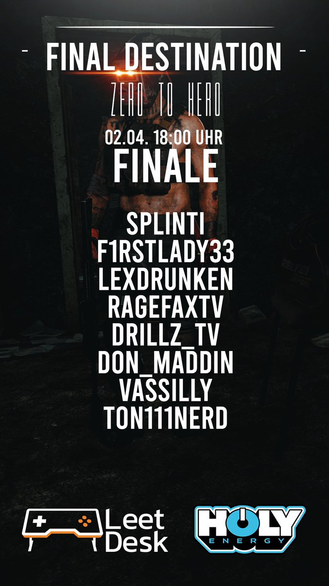 MORGEN ab 17:30 mit Twitch Drops und ab 18 Uhr beginnt die Action mit diesen geilen Menschen im Finale des FINAL DESTINATION!
[Werbung]