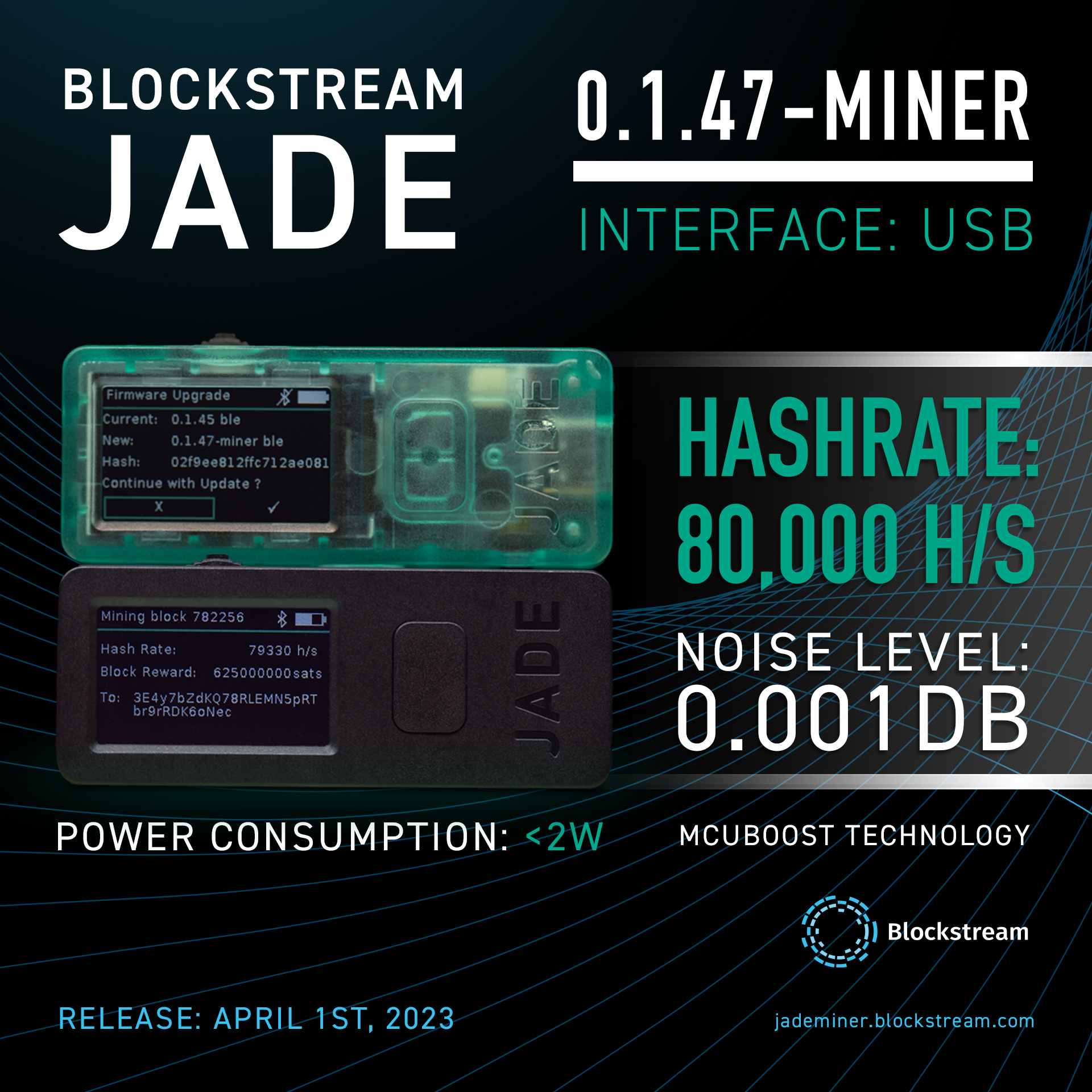 Blockstream on X: Check out the specs on our new #Bitcoin mining machine,  the #BlockstreamJade! Got a spare Jade lying around? Load up Jade  0.1.47-miner and start hashing. Always verify your seed