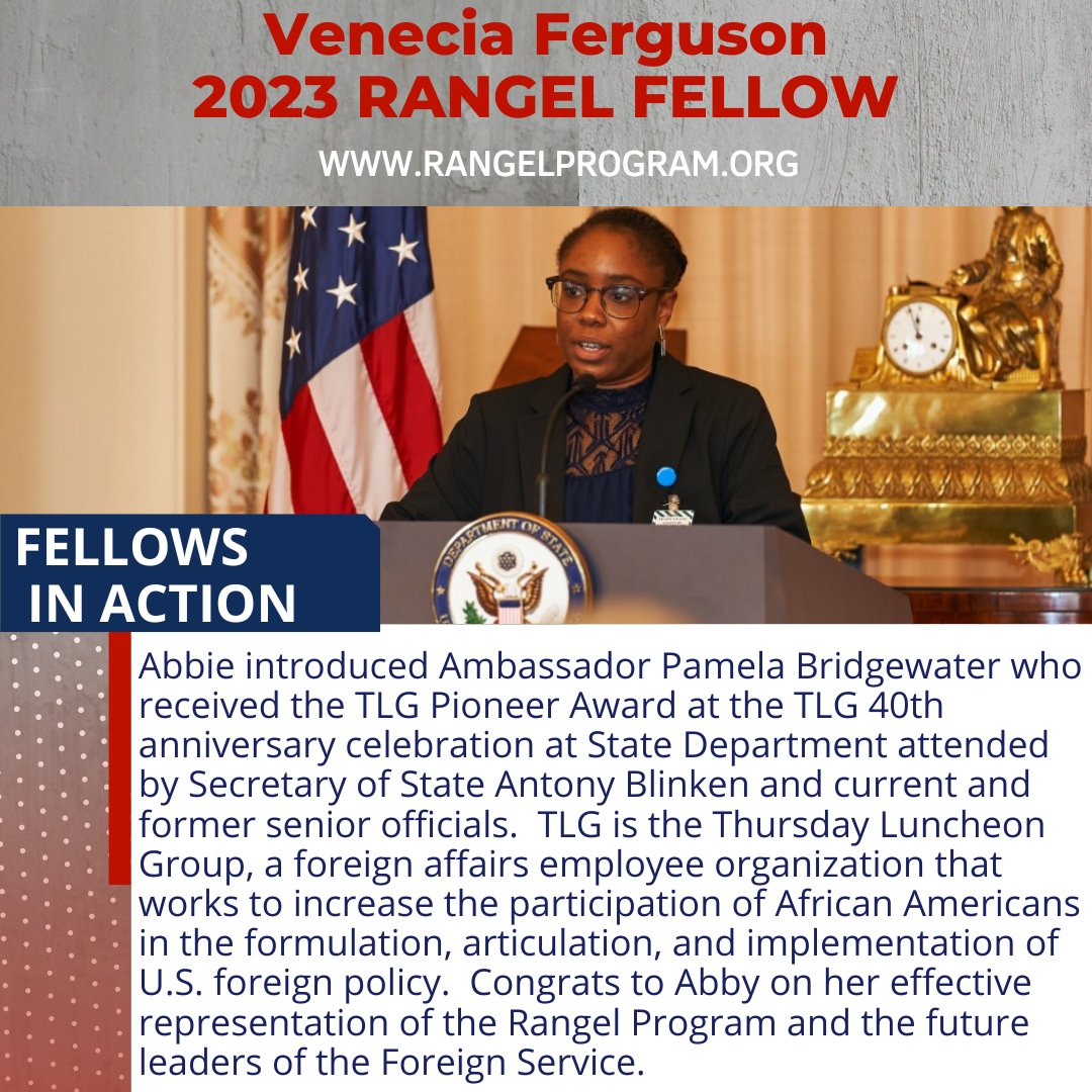 RangelProgram's tweet photo. 2023 Rangel Fellow Venecia "Abbie" Ferguson is getting a jumpstart on her diplomatic skills!

#Rangel #Internationalaffairs https://t.co/yOvNbKCdK7