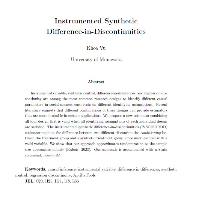 🚨 New working paper🚨

Been working on this for a while, so I'm really excited to share this. I propose a new estimator combining the strength of existing research designs, along w/ a Stata command. This is still very much in developing stage so feedback is welcome!
