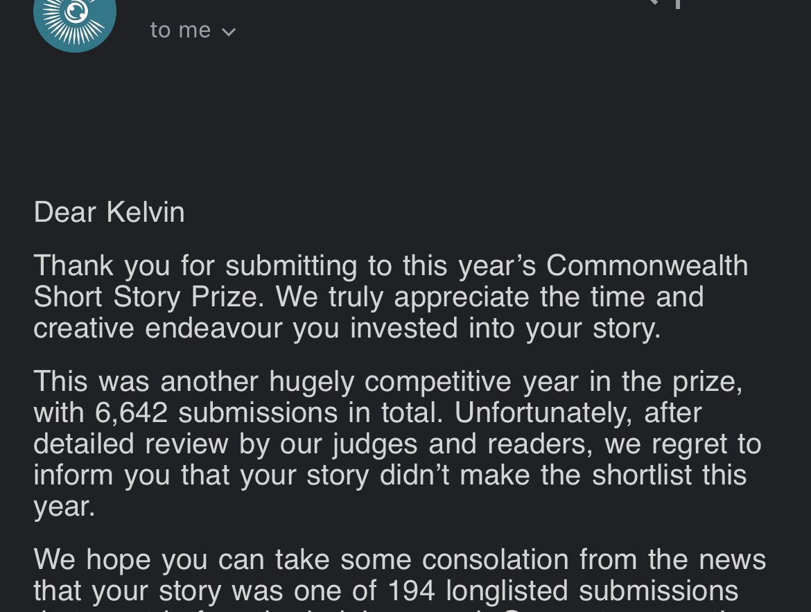 On the subject of sharing my wins and almost wins, my short story FATIGUE ORDERS made it into the long list of the Commonwealth Short Story Prize 2023.

Out of 6,642 entries, I was one of the 194 (top 3%) 

Next time, maybe 🇬🇭 
@cwfcreatives #cwprize