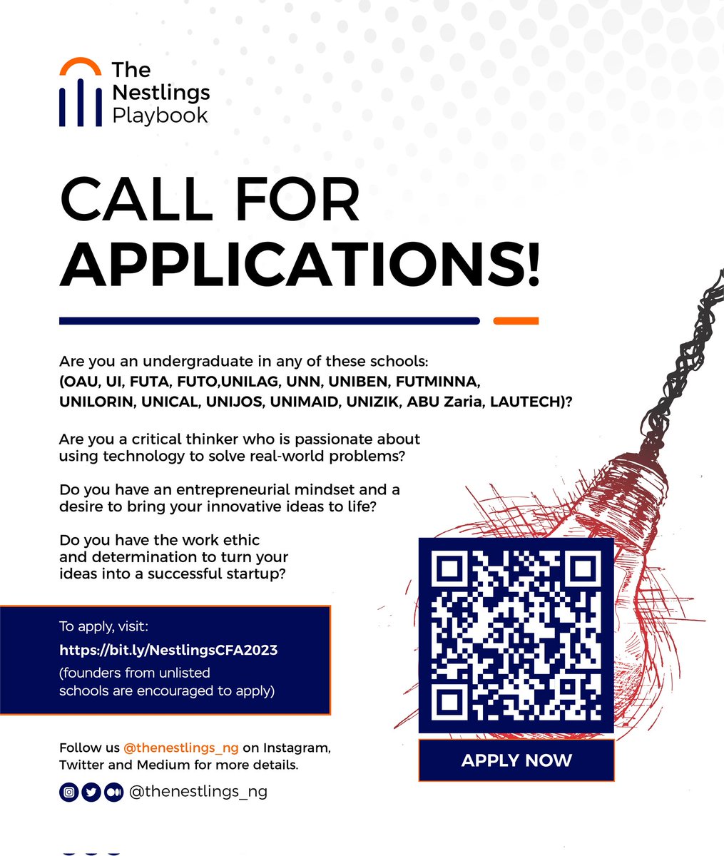 The Nestlings Playbook Call for Applications is now live!!!🔥🔥

This is your time to bring your ideas to life.

Apply now bit.ly/NestlingsCFA20…

@BateltheBrand
@nesthubng