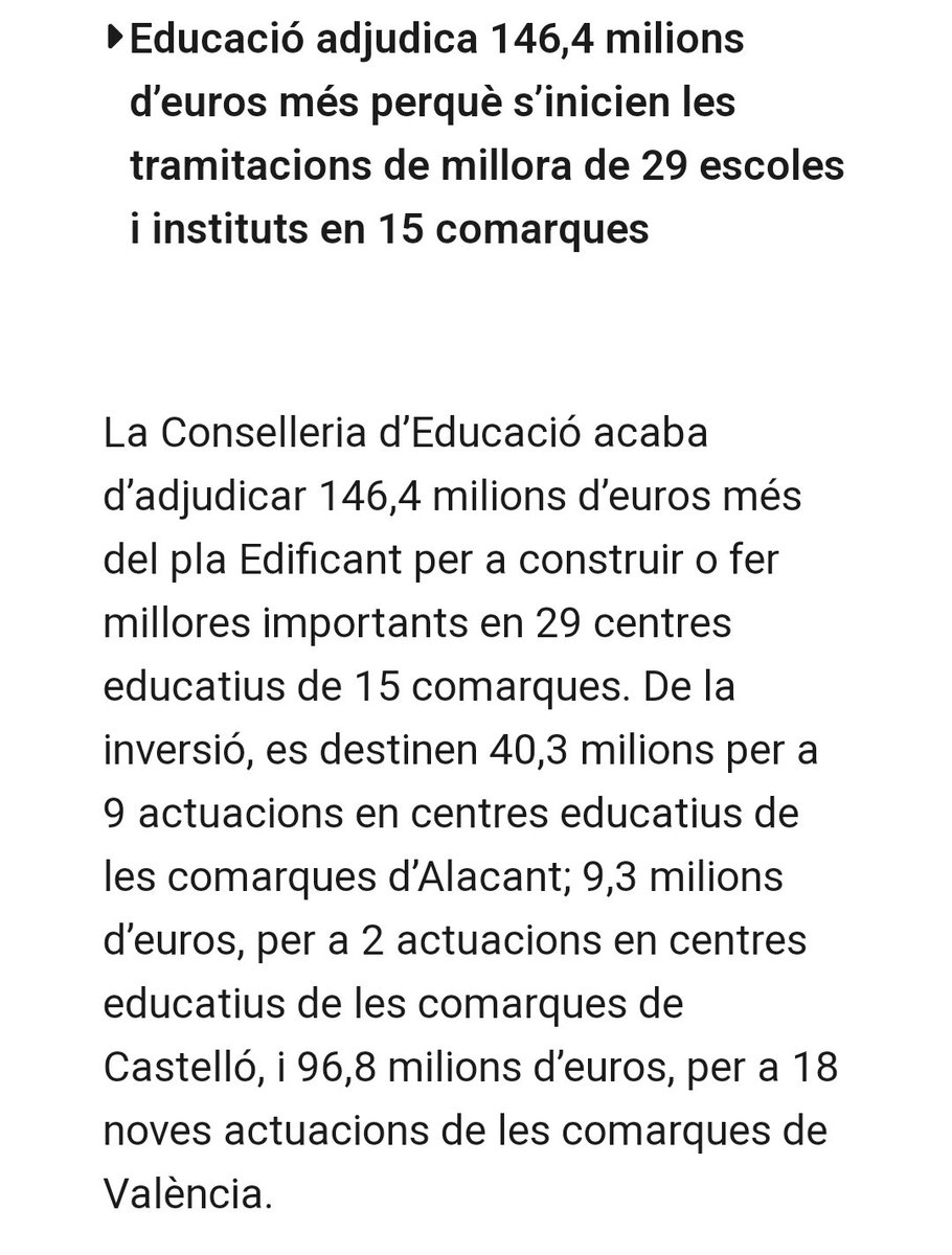 VictorGarcia_T's tweet image. 🏚 De la crisi reputacional i fracàs de CIEGSA, (PP), al nostre model, el 🏗 #PlaEdificant, #GovernsAmbCompromís.

👷‍♀️ Sumem 146,4 M€ al #PlaEdificant per a construir i millorar 29 centres educatius.

📚Dignifiquem l&apos;educació pública. 🧡Hem fet molt. 💪Encara queda molt a fer!