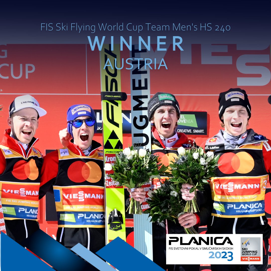 After a tense competition, the team's victory went to Austria! Congratulations! 👏 1. Austria 🇦🇹 2. Slovenia 🇸🇮 3. Norway 🇳🇴 #planica #planica2023 #ifeelslovenia @KranjskaGora #palfinger #mastercard