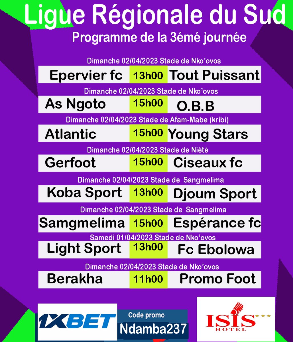 Le programme des matchs de la troisième journée dans la ligue régionale du Sud.