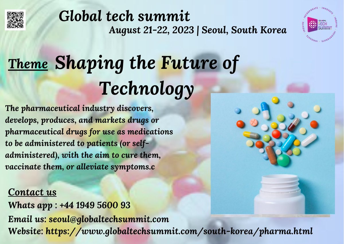 Attention Exhibitors,researchers and academics! Don't miss the opportunity to share your work at our upcoming conference. Submit your abstracts as soon as possible and be part of the #Global #Tech #Summit on #Pharma
Visit the website:lnkd.in/di94taq6
