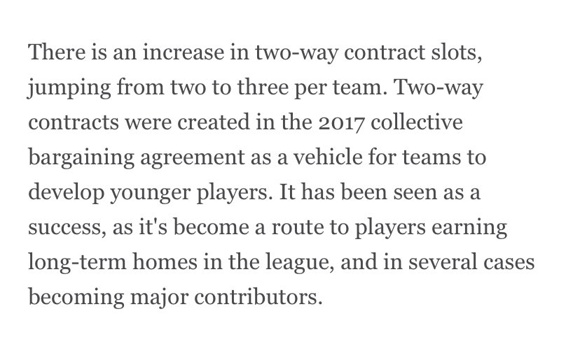 SixersAdam's tweet image. There’s an enormous amount of hugely significant changes coming in the new CBA. Among future changes:

• second apron that prevents teams from using any mid-level exception
• “more opportunities in the free agent market”
• more two-way slots
• 65-game minimum for awards
AND…