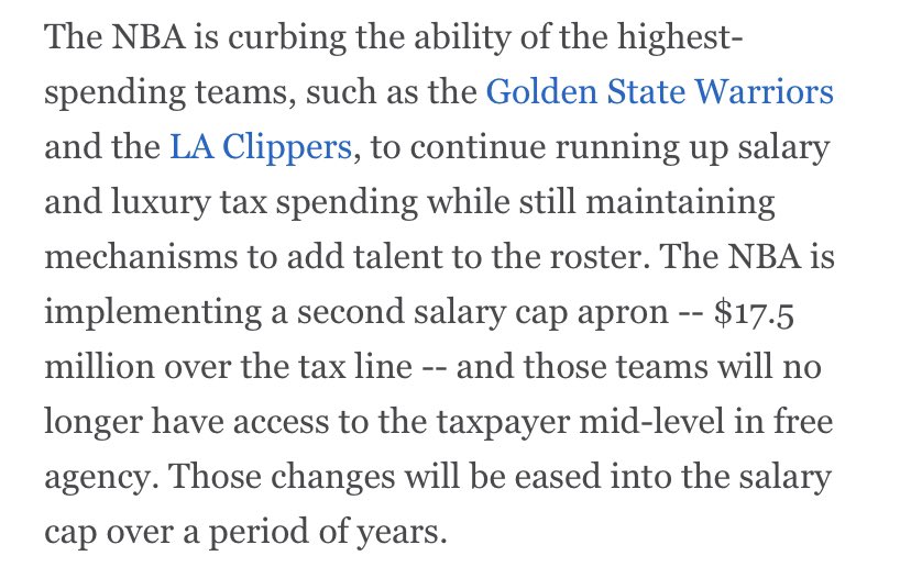 SixersAdam's tweet image. There’s an enormous amount of hugely significant changes coming in the new CBA. Among future changes:

• second apron that prevents teams from using any mid-level exception
• “more opportunities in the free agent market”
• more two-way slots
• 65-game minimum for awards
AND…