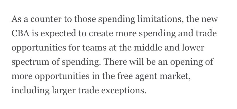 SixersAdam's tweet image. There’s an enormous amount of hugely significant changes coming in the new CBA. Among future changes:

• second apron that prevents teams from using any mid-level exception
• “more opportunities in the free agent market”
• more two-way slots
• 65-game minimum for awards
AND…