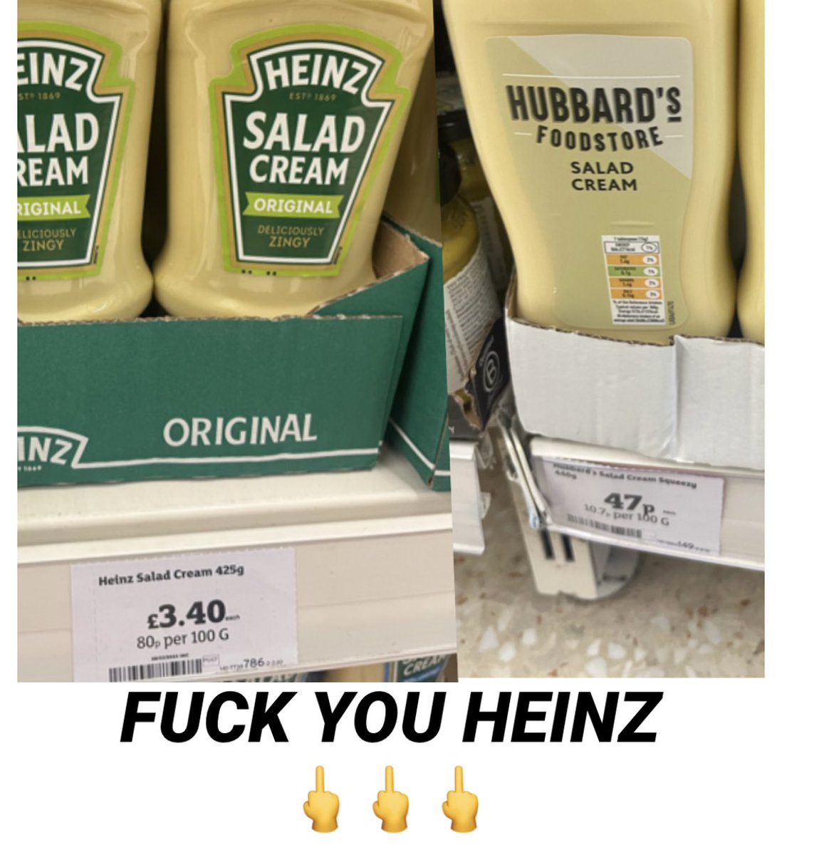 shanekeeley's tweet photo. @HeinzUK @HeinzTweets this is a pistake isn’t it? how do you justify 7x the price of @sainsburys Hubbard’s #pistake https://t.co/t7SwgLUVj3