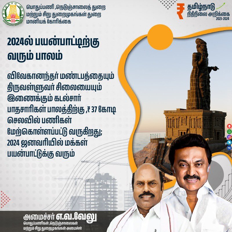 evvelu's tweet photo. விவேகானந்தர் மண்டபத்தையும் திருவள்ளுவர் சிலையையும் இணைக்கும் கடல்சார் பாதசாரிகள் பாலத்திற்கு ,₹ 37 கோடி செலவில் பணிகள் மேற்கொள்ளப்பட்டு வருகிறது; 2024 ஜனவரியில் மக்கள் பயன்பாட்டுக்கு வரும். #TNPWD https://t.co/JgtTnmin25