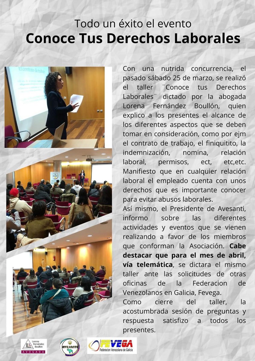 Fevega_org's tweet photo. Todo un éxito el evento “Conoce tus Derechos Laborales” promocionado por Avesanti, (miembro de FEVEGA), realizado el pasado 23 de marzo. 
Dado el interés en la temática, se anuncia que durante el mes de abril se dictará el mismo taller vía telemática https://t.co/2AabZnxVG6