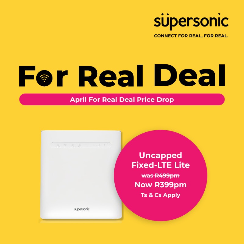 supersonicfibre's tweet photo. April For Real Deal Price Drop!
Get Uncapped Fixed-LTE Lite for R399pm was R499.
Free Activation || Month-to-month || Free-to-use Fixed-LTE router
https://t.co/oXMLvfY40U
#ConnectForRealForReal
#SupersonicForRealDeal