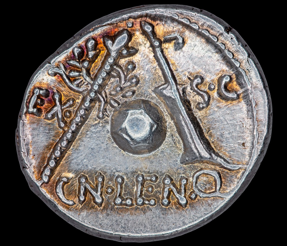 OptimoPrincipi's tweet photo. The Romans were fanatical about cricket, as well as gladiator shows and chariot races. The moneyer of this coin, Gnaeus Lentulus, was so obsessed with the game he decided to place a wicket stump, cricket ball, and cricket bat on this denarius minted in 74 BC! 🏏 https://t.co/fiWmr3WMcc