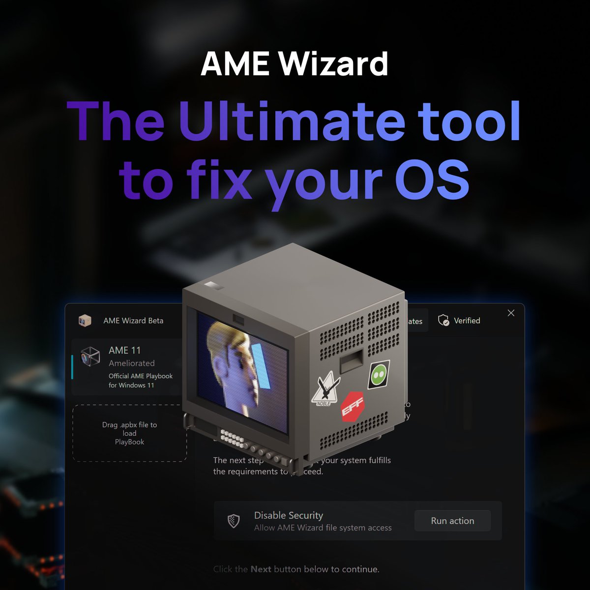 Completely transform your computer in minutes. Simply download a verified Playbook, or use your own, and run it in AME Wizard.

Download now at: ameliorated.io

Get support: docs.ameliorated.io/guides/securit…
