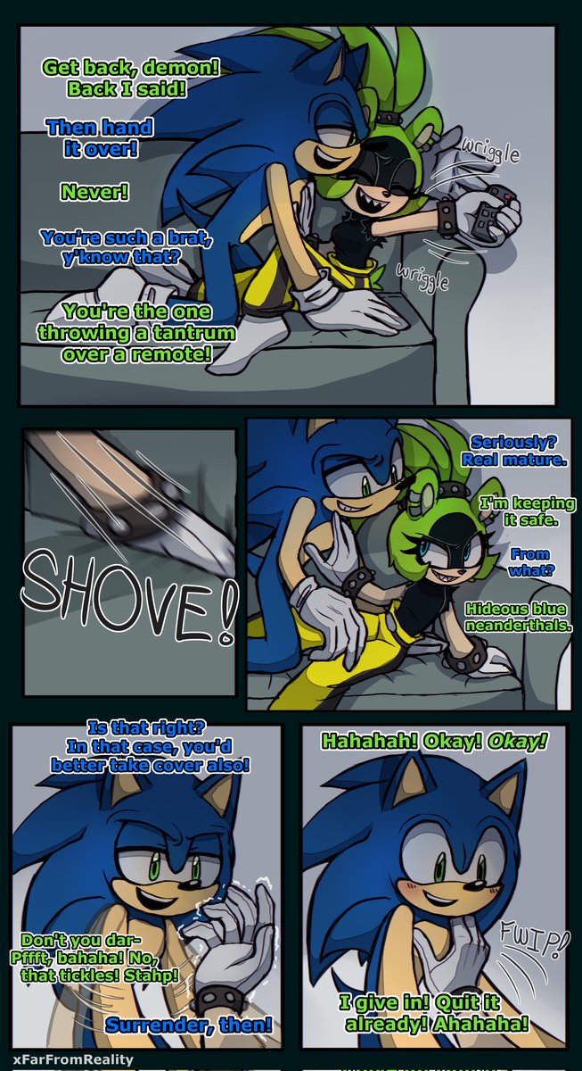 AllHailGiratina's tweet photo. My first Sonurge comic!!! Yes, I love the fighting over the remote cliche what can I say 💚 💙 Sorry if it looks all over the place. Read left to right! C: #SonicTheHedgehog #surgethetenrec #shipping #sonurge https://t.co/cq7uivrGaC
