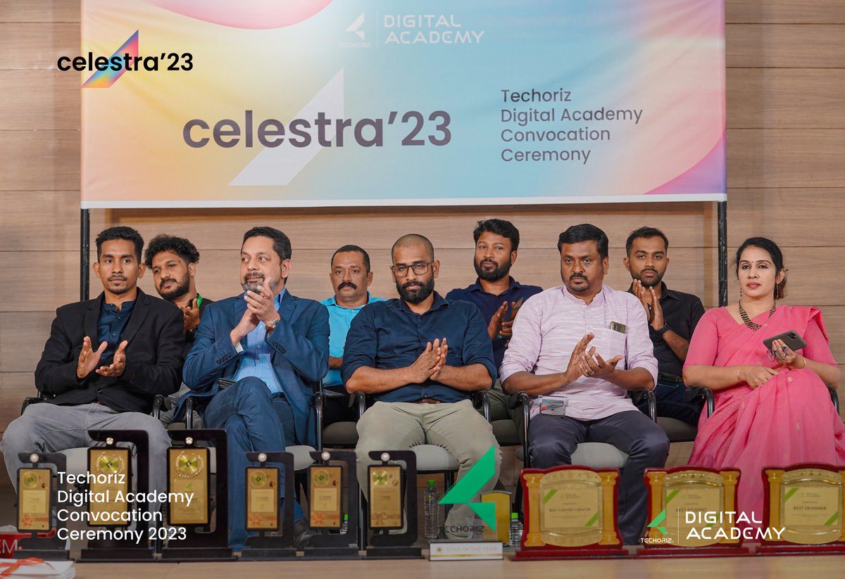 RkNadapuram's tweet photo. The Celestra'23 Techoriz Digital Academy Convocation Ceremony was held on Friday, March 17th. The ceremony began with a presidential address by Rayees Koodatt CEO of Techoriz Digital Solutions, followed by the inauguration of Mr. Vivek Nair, GM of Govt. Cyberpark. https://t.co/mF4hxtDB5z